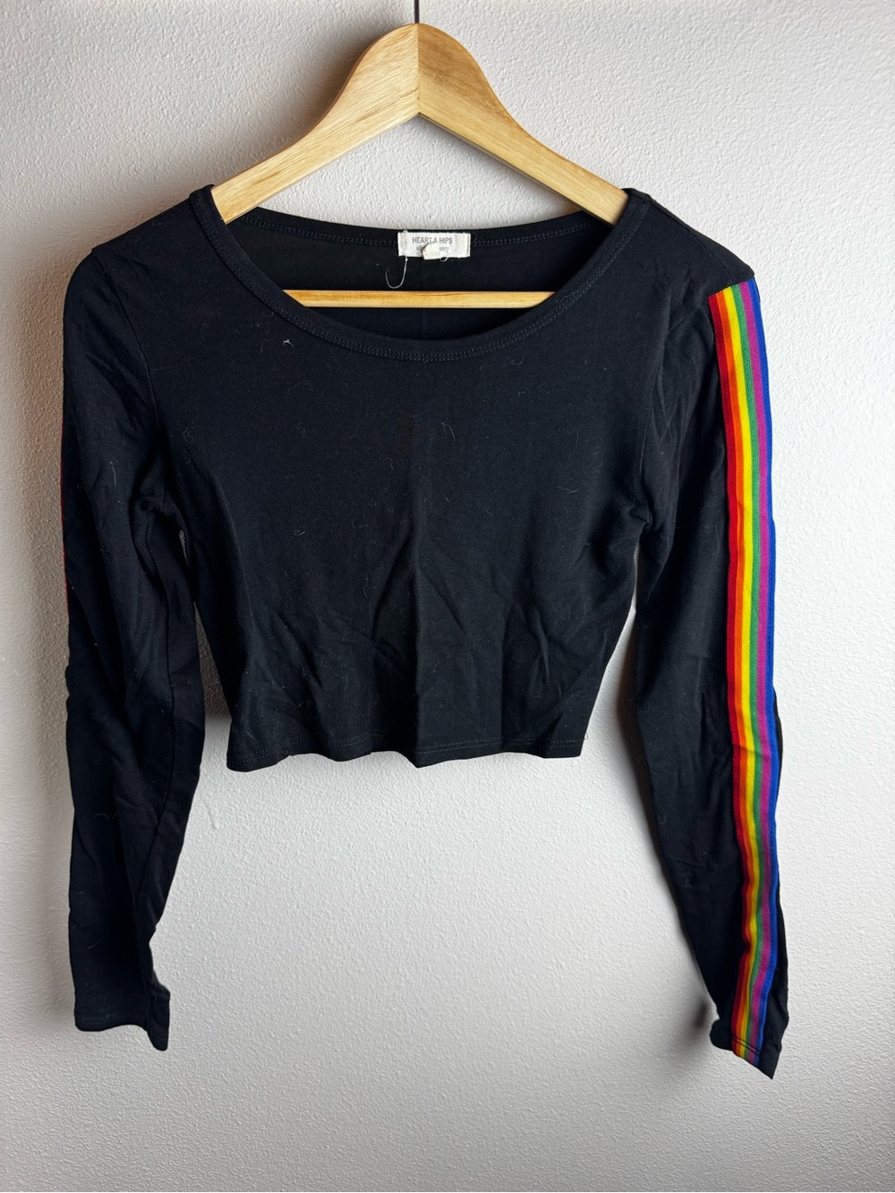 Heart Hips Black Long-Sleeve Crop Top with Rainbow Sleeve Stripe